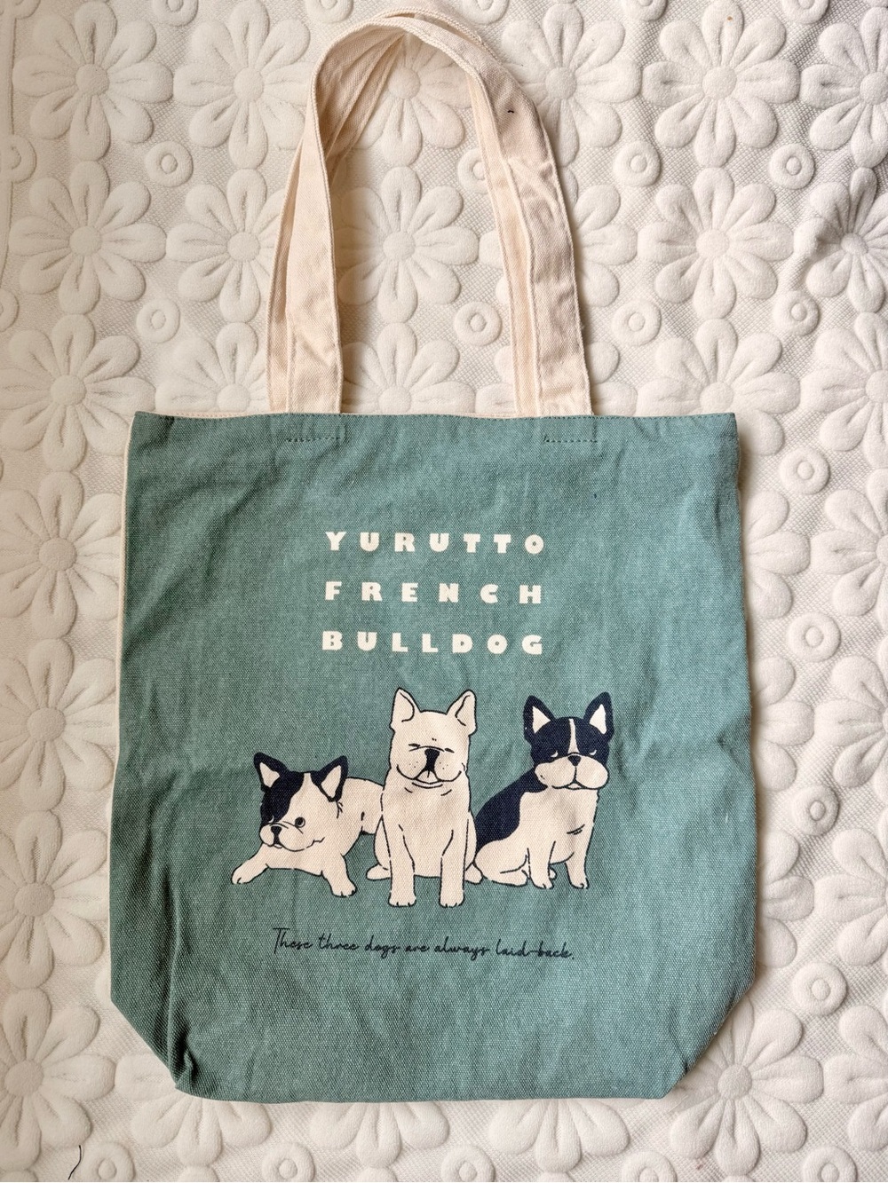 Cute French Bulldog Green Canvas Tote Bag with Cream Handles